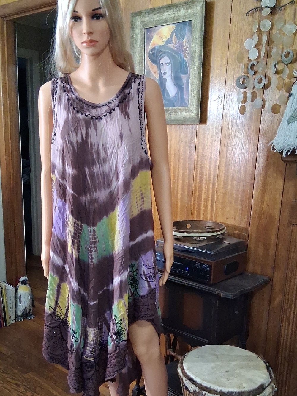 Boho Asymmetrical Tie-Dye Midi Dress Embroidered Shark Bite Hem